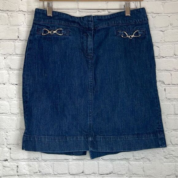 New York & Company Women’s Dark Wash Midi Jean skirt size 10 Metal Pockets - Picture 1 of 5